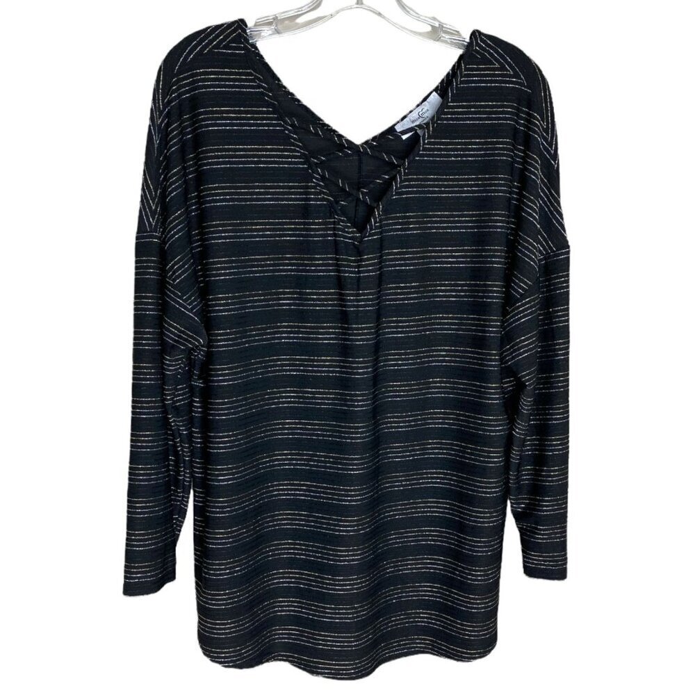 MOA MOA NWT Black Blouse Metallic Glitter Stripe Gold Silver Women's PLUS Sz 1X